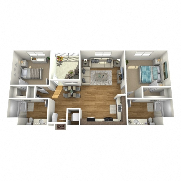 Floor plan for 2 beds, 2 baths, 1021 sqft